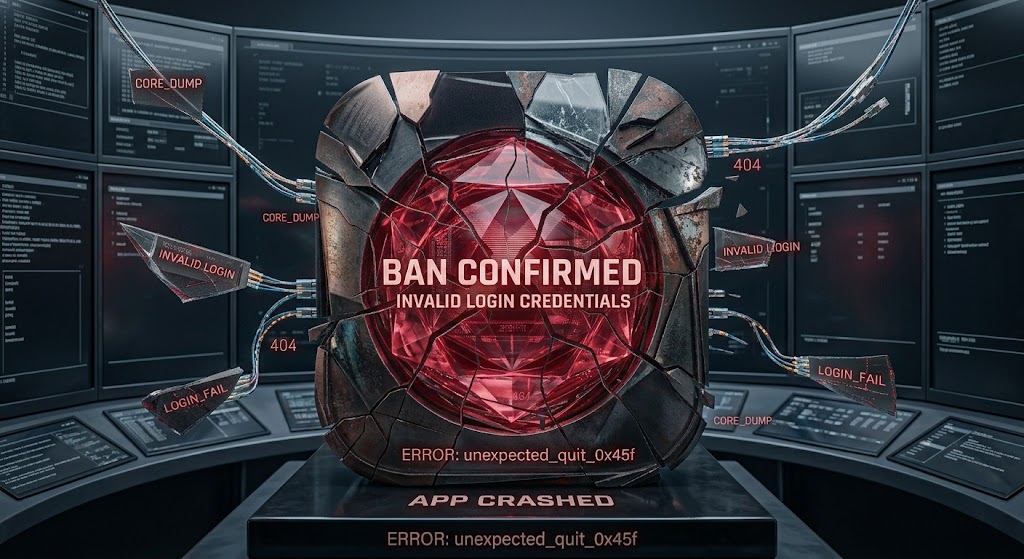 Insta Pro APK Old Version – futuristic computer interface showing a red “Ban Confirmed” warning, invalid login credentials, login failure messages, 404 errors, and an app crash notification.