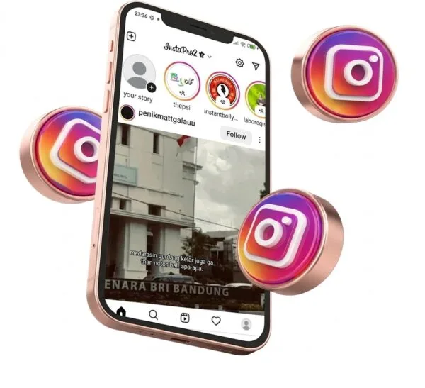 Instagram Pro APK Download – smartphone displaying Instagram app interface with floating Instagram logos around the phone.
